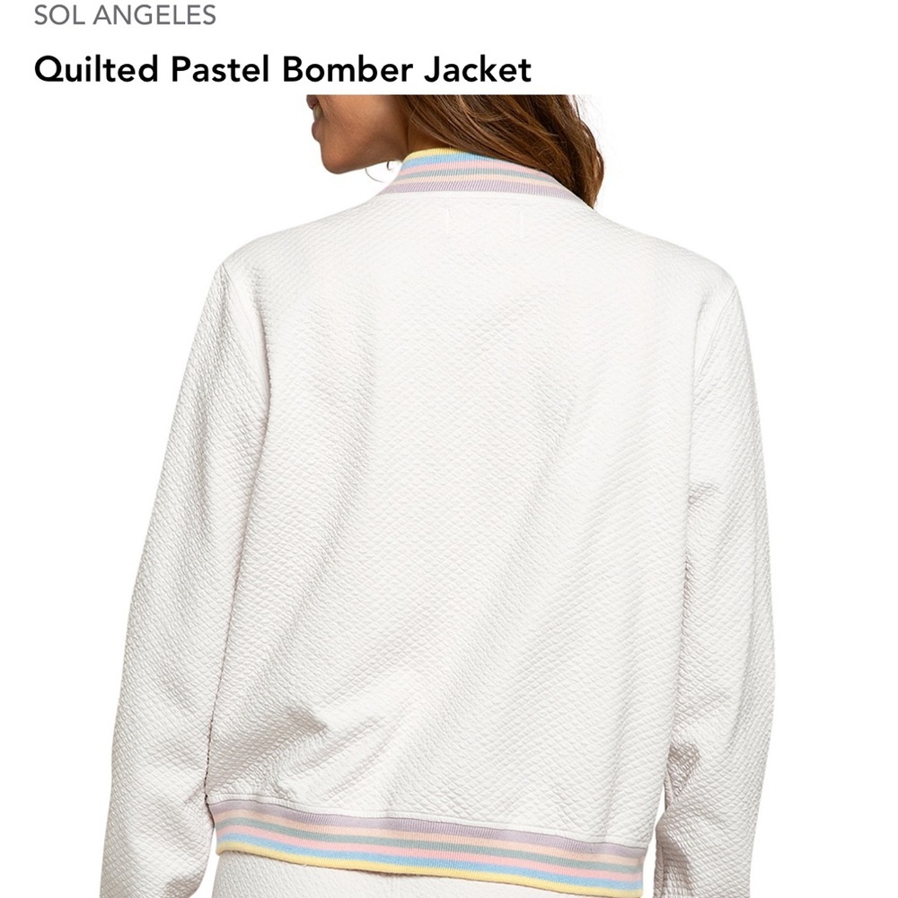 NWT SOL ANGELES Quilted Pastel Bomber Jacket in Ecru with rainbow bands XL